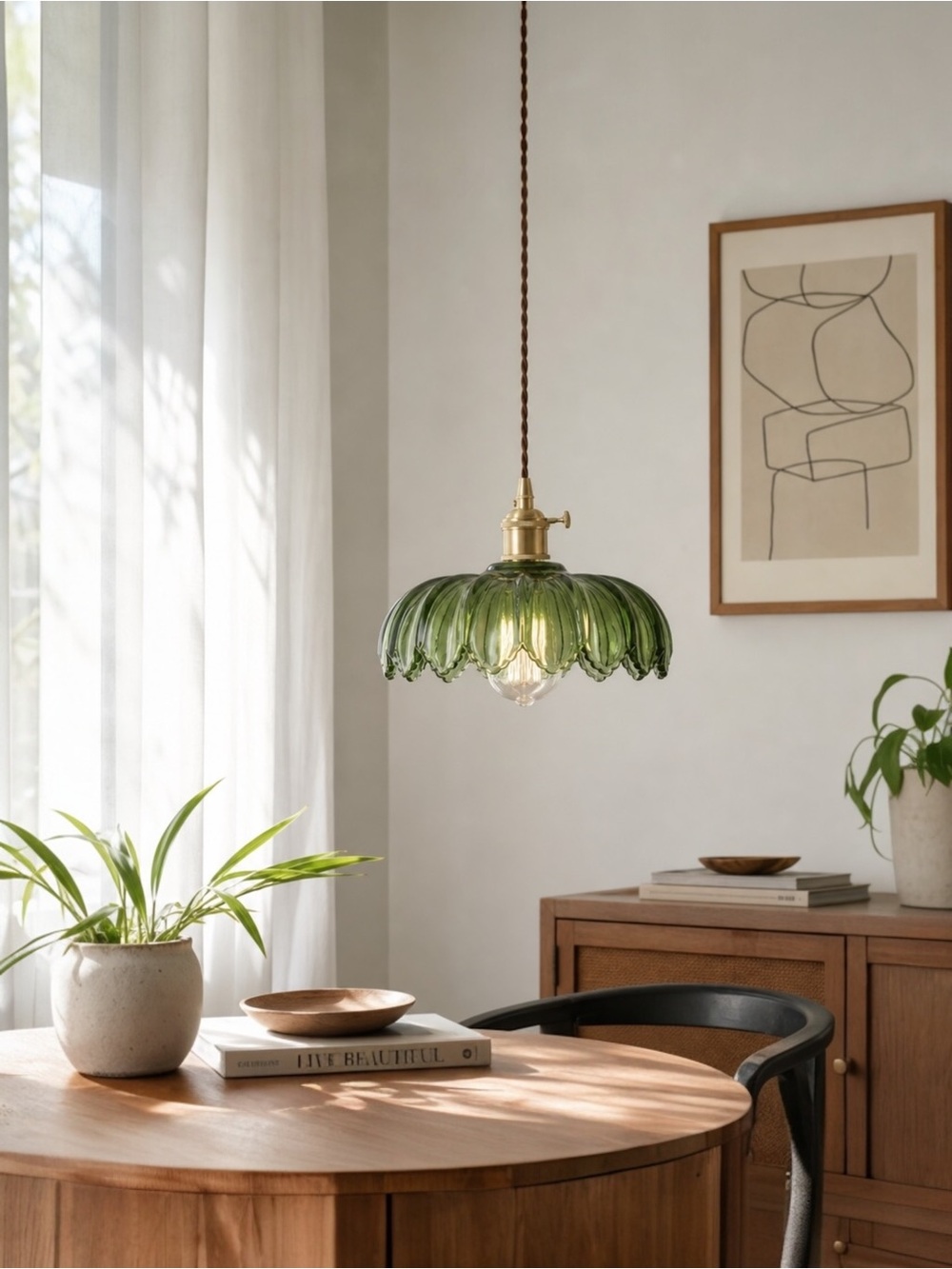 NEW West Elm Vintage Green Retro Glass Hanging Gold Floral Pendant Light Fixture - Picture 3 of 12